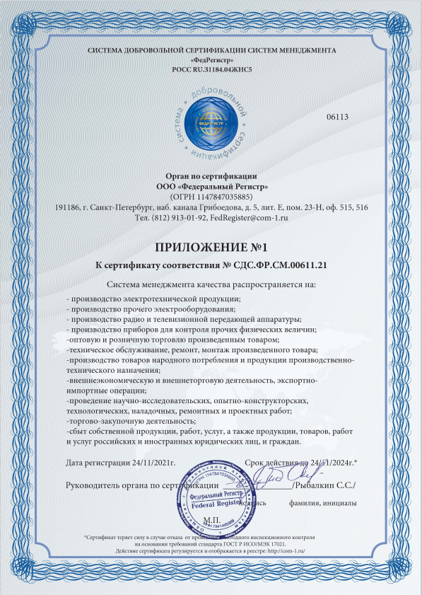 Приложение №1 к сертификату соответствия № СДС.ФР.СМ.00611.21